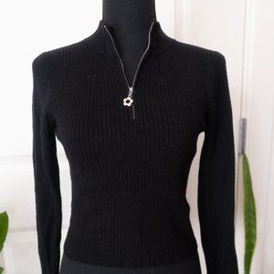 LA Hearts Cropped Zip Up Mock Neck Sweater with Flower Pull